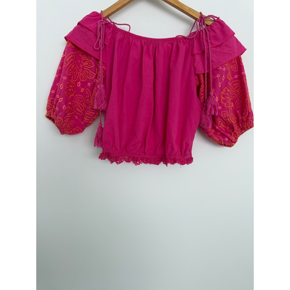 Urban Spirit Rulys Magenta Pink Off The Shoulder Embroidered Tassel Crop Top - Picture 2 of 9
